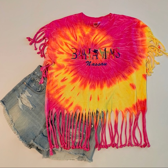 Neon Tie-Dye Fringe Bahamas Crop Top Size Medium Hot Pink and Neon Yellow - Picture 2 of 8